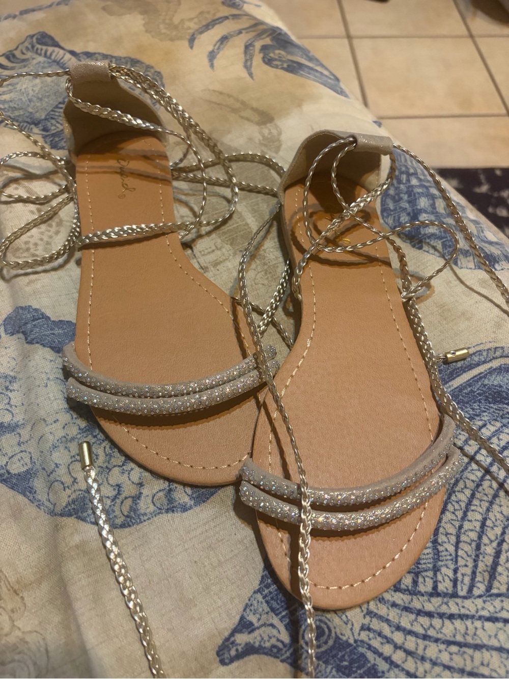 Qupid Beige Glitter Lace-Up Sandals